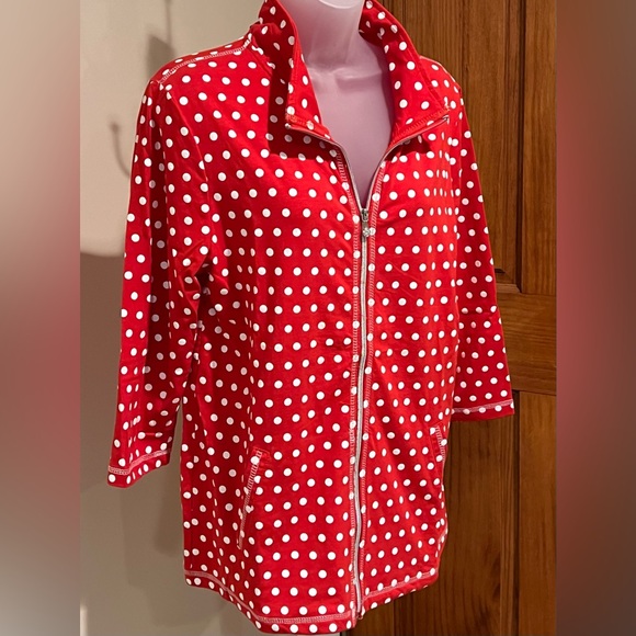 ONQUE CASUALS ZIP UP JACKET COVER UP LAYERING PIECE RED WHITE POLKA DOT LARGE - Picture 12 of 13
